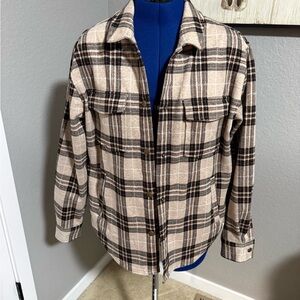 Stylish Tan and Black Plaid Shirt Jacket